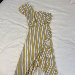 Lulus High Tide Yellow Striped One Shoulder Midi Dress